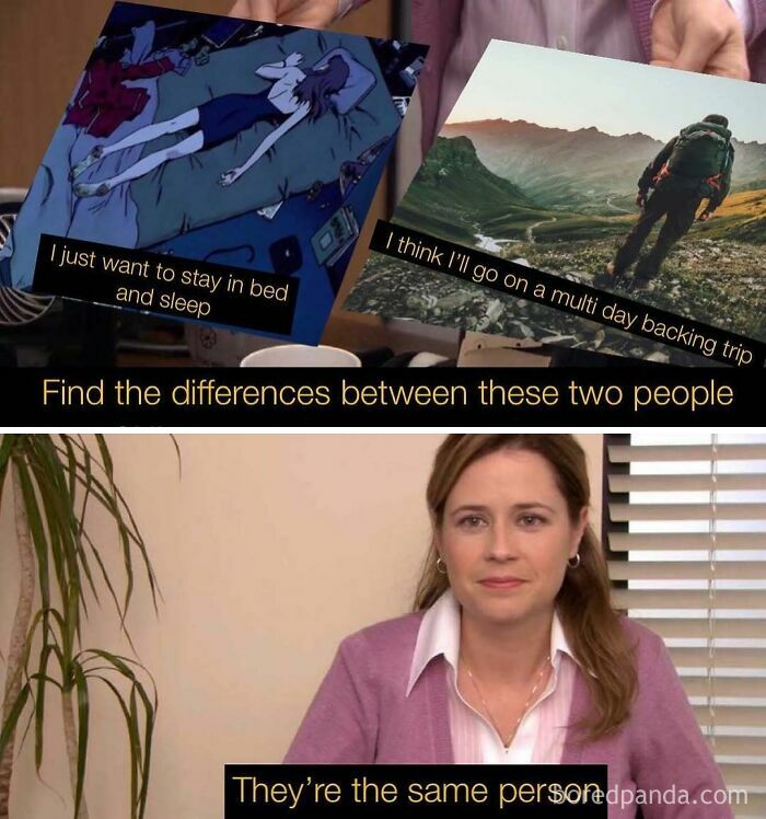 Comedy meme comparing sleeping in and multi-day backpacking adventure