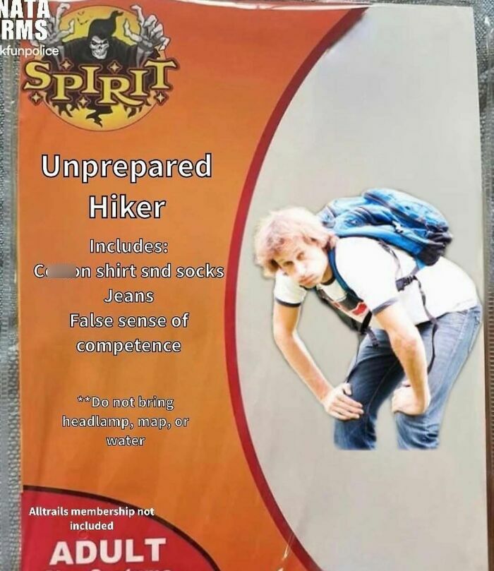 Funny label of unprepared hiker lacking proper gear and skills