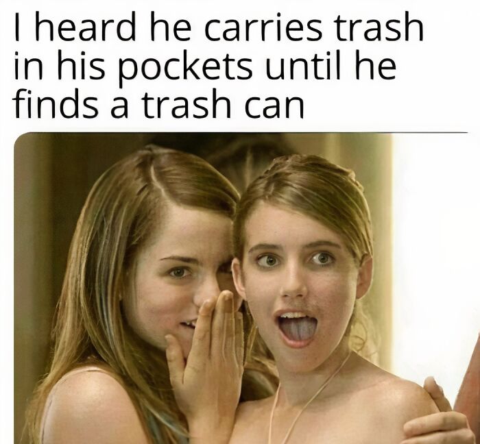 Meme about a hiker who carries trash in pockets until finding a trash can