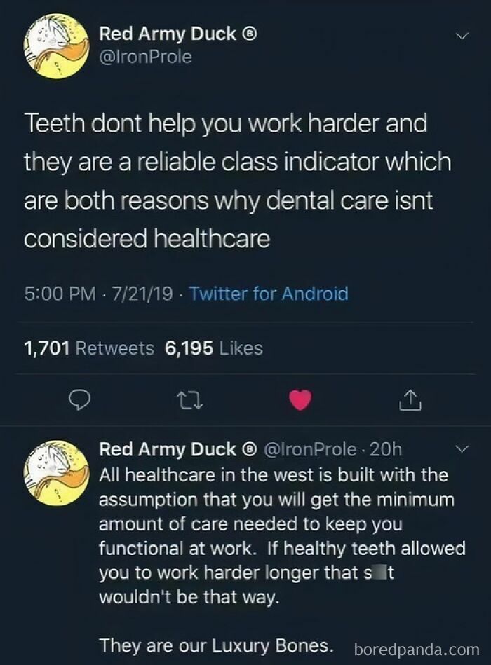 Tweet discussing dental care as a class indicator in strange and horrible world context