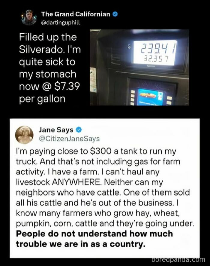 Tweet complaining about $7.39 per gallon gas prices and farmers' struggles