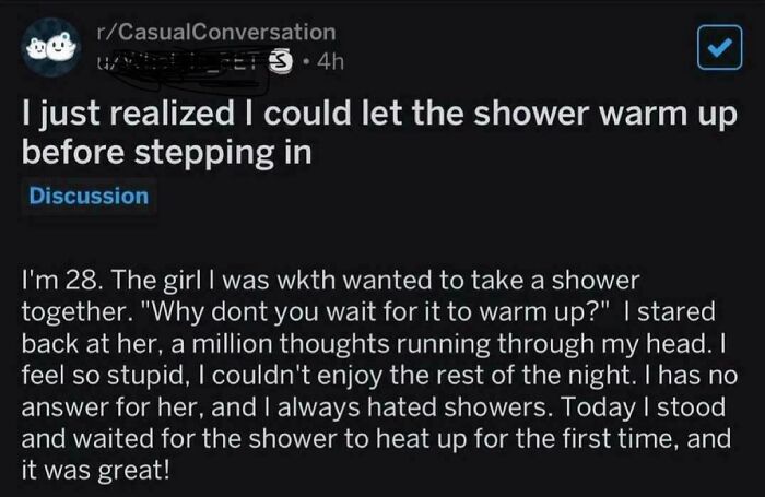Funny Reddit post about realizing to let shower warm up before stepping in
