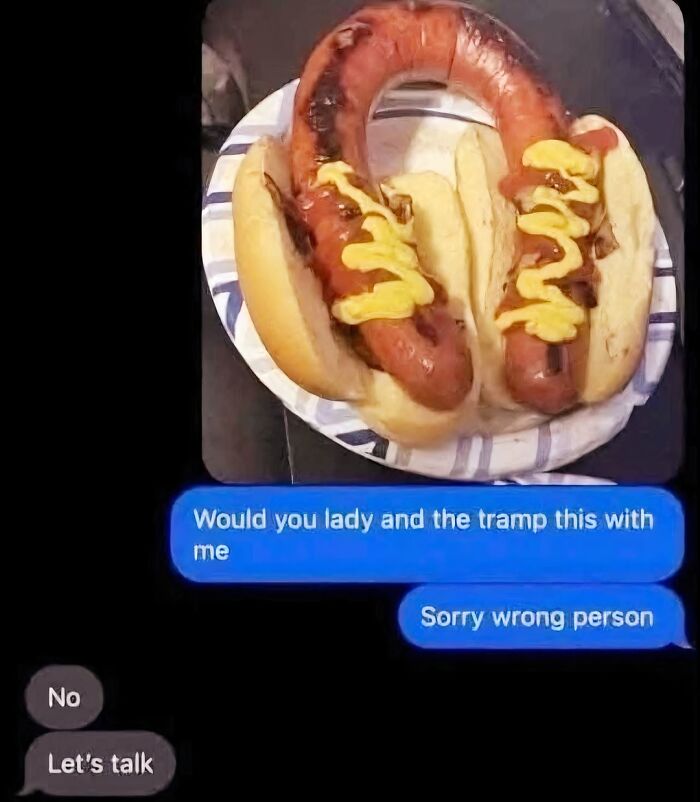 Text exchange with photo of two hot dogs and mistaken romantic message