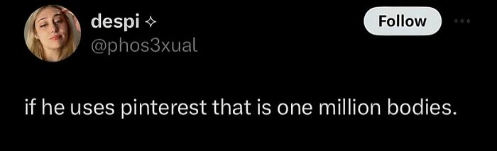 Tweet joking about Pinterest and one million bodies