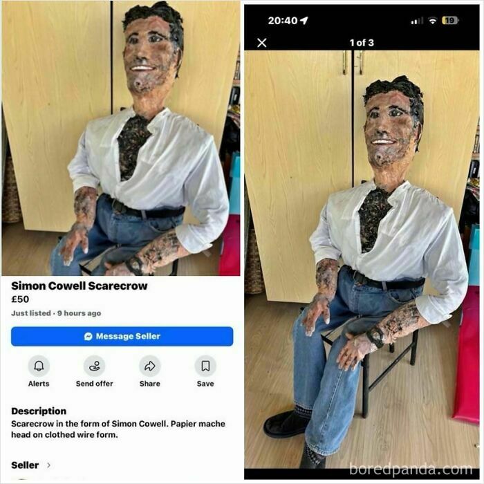 Simon Cowell scarecrow with papier mache head on Facebook Marketplace