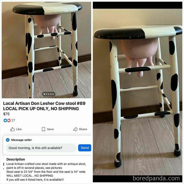 Local artisan cow stool with black and white paint on Facebook Marketplace