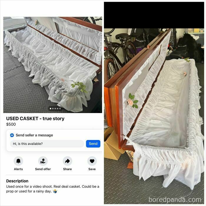 Used white casket with ruffled lining for sale on Facebook Marketplace
