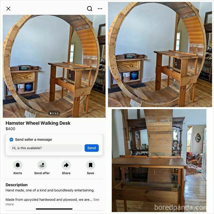 Handmade hamster wheel walking desk made from upcycled wood