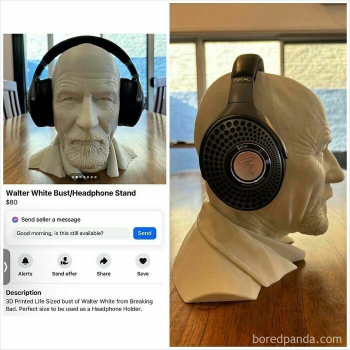 3D printed Walter White bust used as a headphone stand on Facebook Marketplace listing