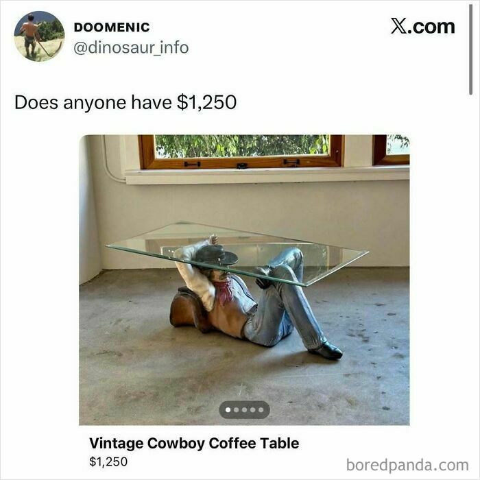 Vintage cowboy coffee table with reclining figure base on Facebook Marketplace