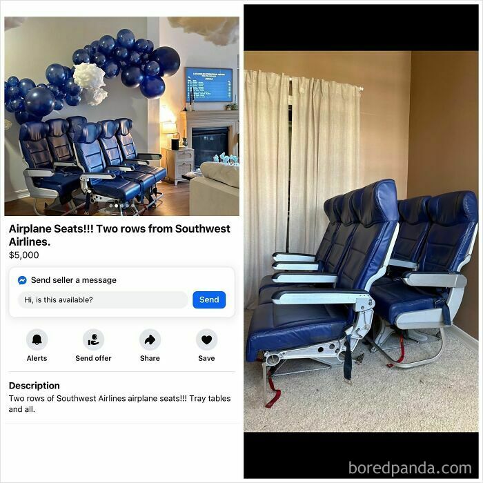 Two rows of Southwest Airlines airplane seats with tray tables on sale on Facebook Marketplace