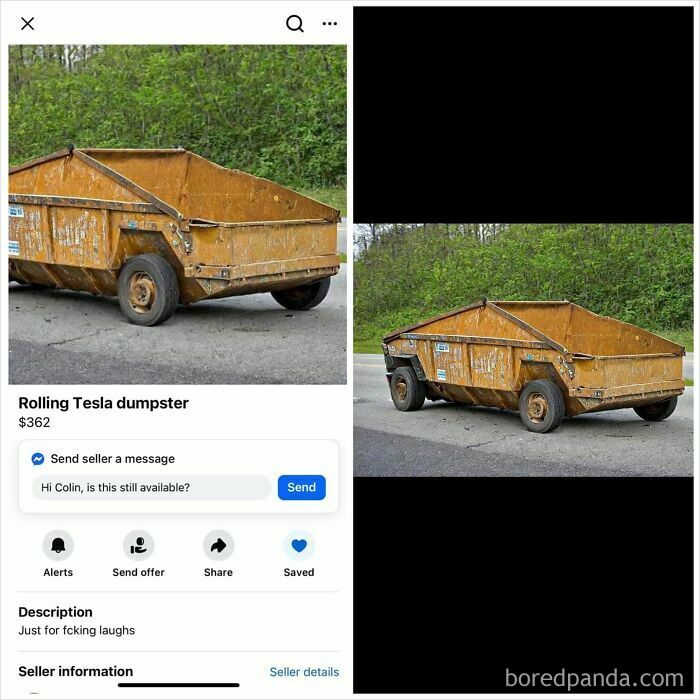 Rolling Tesla style rusty dumpster listed on Facebook Marketplace