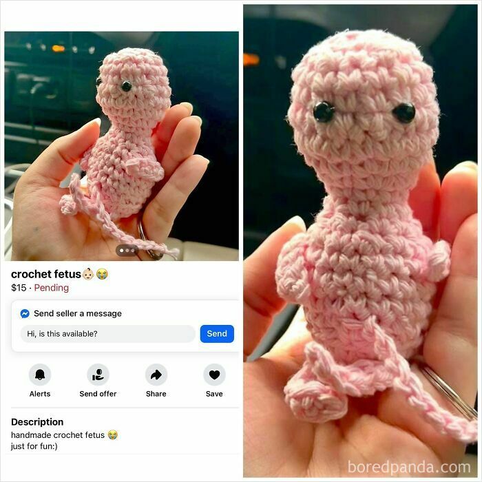 Handmade crochet fetus keychain toy offered on Facebook Marketplace