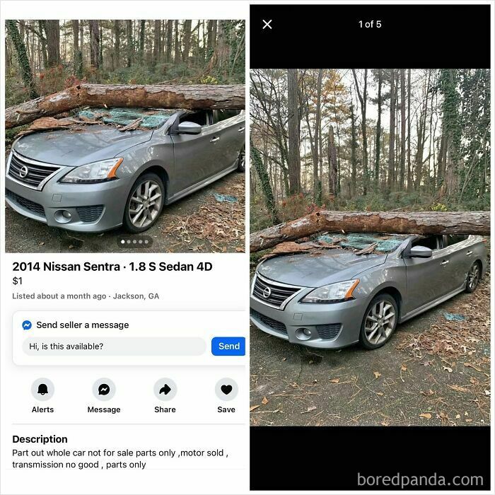 Gray 2014 Nissan Sentra with large tree fallen on top for parts on Facebook Marketplace