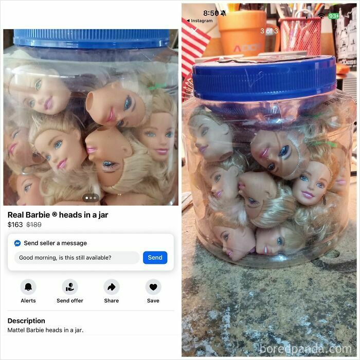 Jar filled with Barbie doll heads advertised on Facebook Marketplace