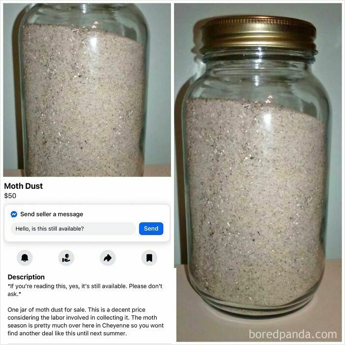 Jar of moth dust offered in glass container on Facebook Marketplace