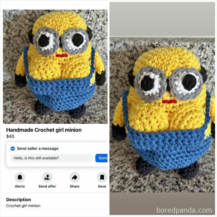 Handmade crochet girl minion doll listed on Facebook Marketplace
