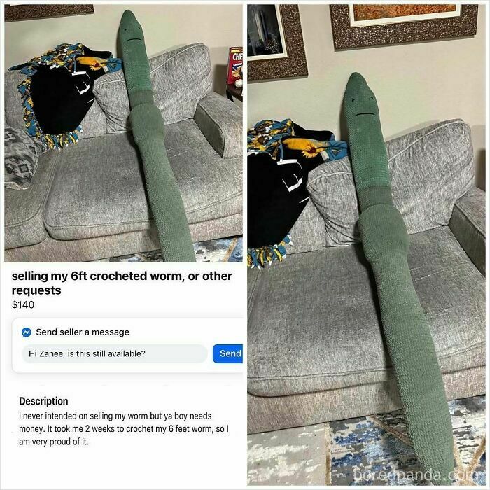 Six foot crocheted green worm stuffed toy on Facebook Marketplace
