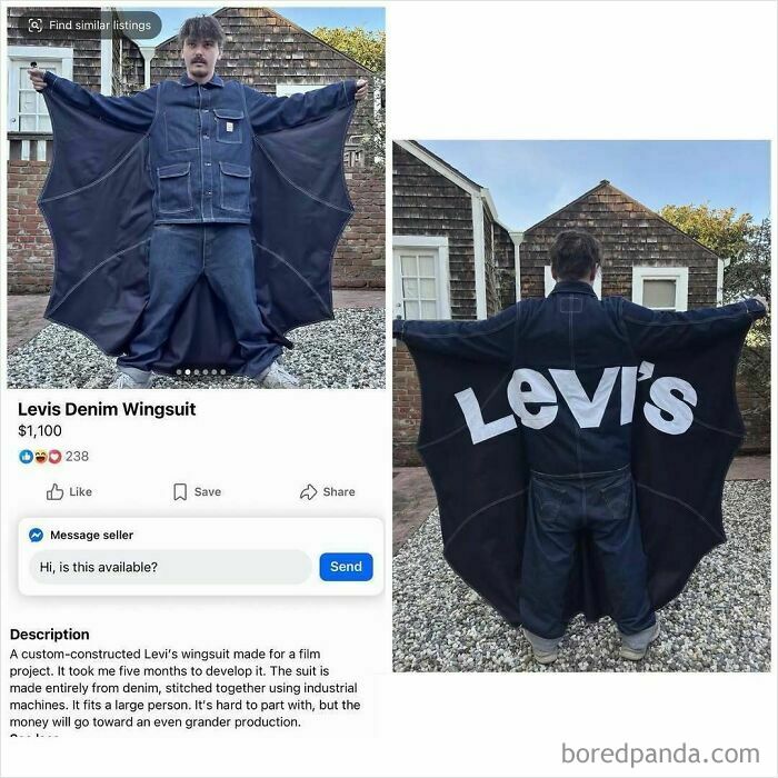 Levi's denim wingsuit with large wings on Facebook Marketplace