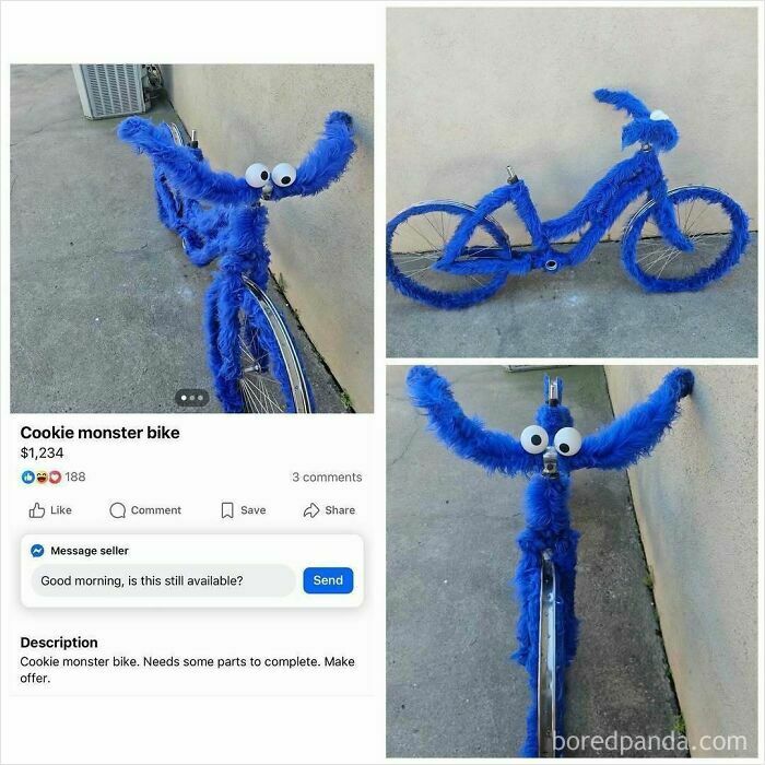 Blue Cookie Monster decorated bike listed on Facebook Marketplace