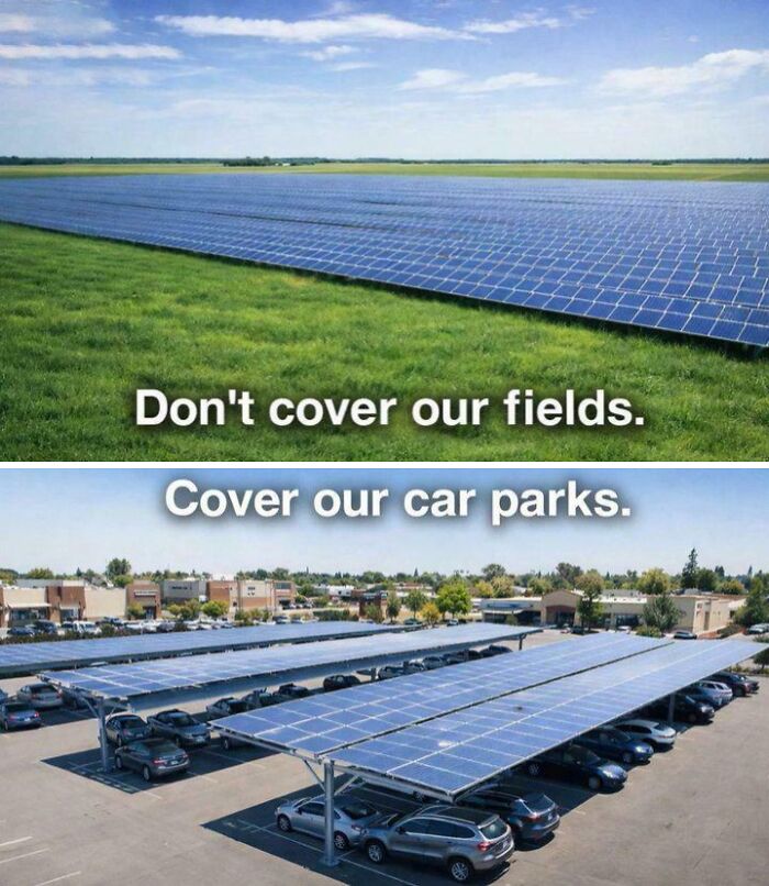 Solar panels on a field versus over a car park, illustrating a favorite moment for sustainable energy.