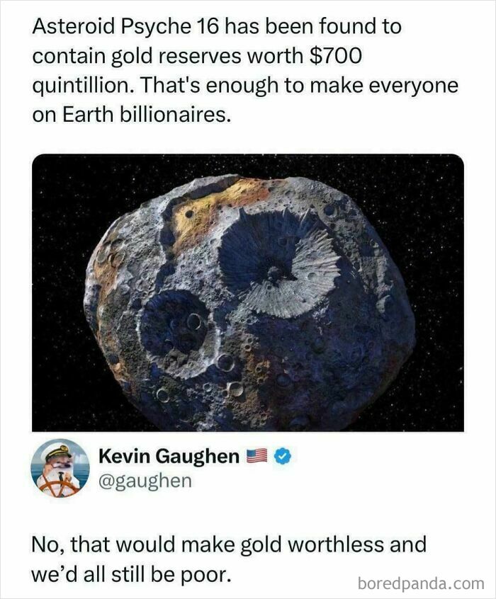 A tweet about Asteroid Psyche 16's gold, with a funny reply, one of the internet's favorite moments.