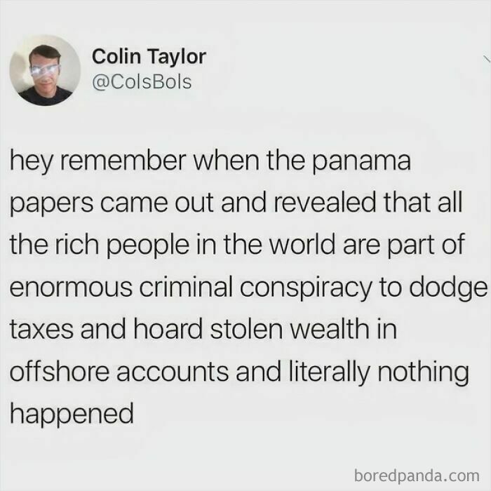 A tweet by Colin Taylor about the Panama Papers and nothing happening, reflecting favorite moments from the internet.