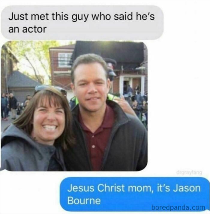 A humorous screenshot of a text message conversation, where a mother unknowingly poses with Matt Damon, identified as Jason Bourne. These internet moments are amusing.