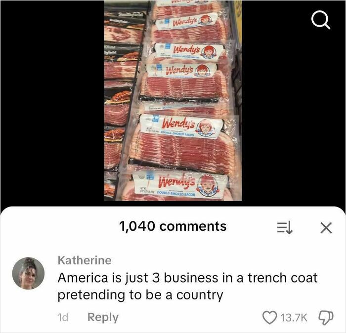 A screenshot shows packaged Wendy's bacon in a store, with a user comment below, highlighting internet moments.