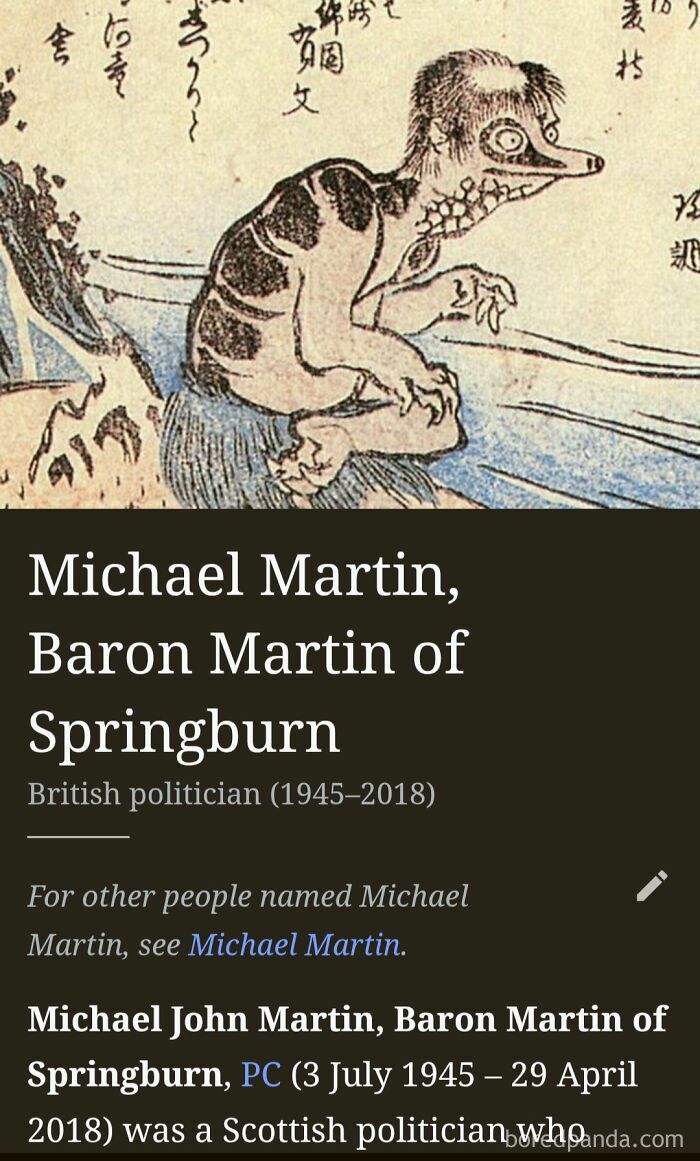 A Wikipedia page shows Michael Martin, Baron Martin of Springburn, with a strange bird-like creature above him. Internet moments capture this odd juxtaposition.