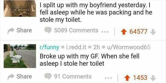 Reddit posts humorously discussing stealing toilets after breakups