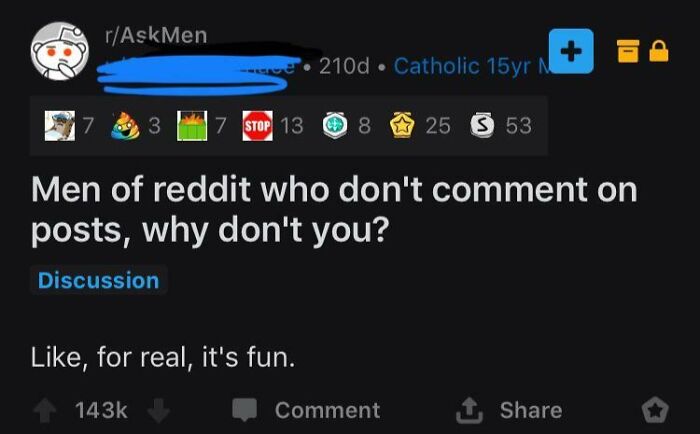 Reddit post asking why men don't comment on posts with a casual reply