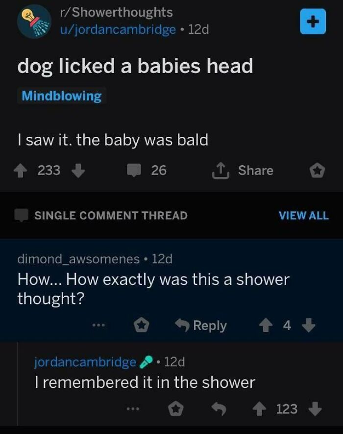 Funny Reddit post about a dog licking a bald baby's head with a shower thoughts tag
