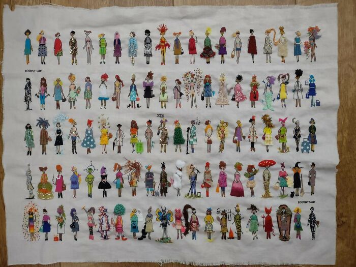 Embroidery projects showcasing row after row of uniquely stitched tiny female figures.