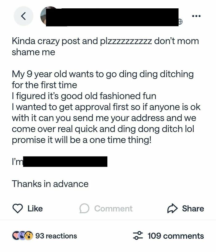 A screenshot of a funny neighborhood online community post about a mom asking for addresses for ding dong ditching.