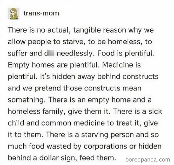 Text about abundance of food and medicines amid homelessness and starvation