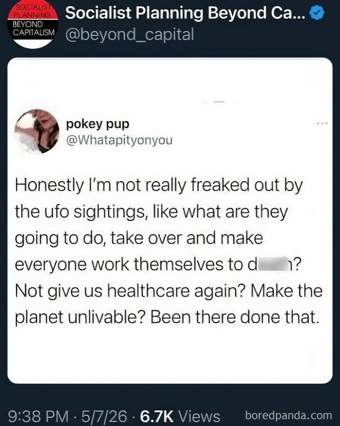 Tweet about not being freaked out by UFO sightings and referencing healthcare and planet issues