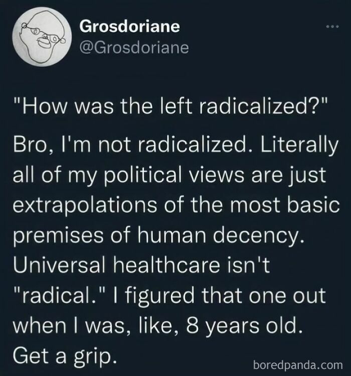 Tweet rejecting labeling left radical and defending universal healthcare