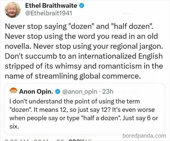 Tweet defending the use of the term dozen in English language