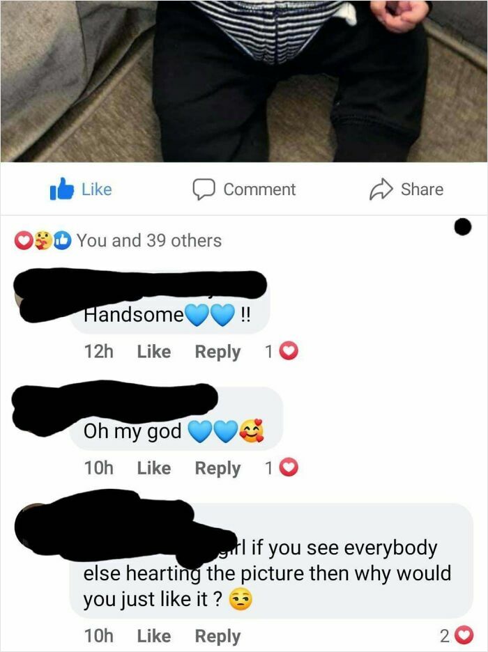 Social media comments reacting to a baby photo with mixed reactions