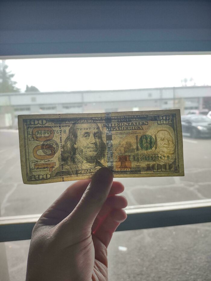Found This 100$ Bill On The Floor At Work. Im Guessing The Melting Ben Franklin Means Its Fake