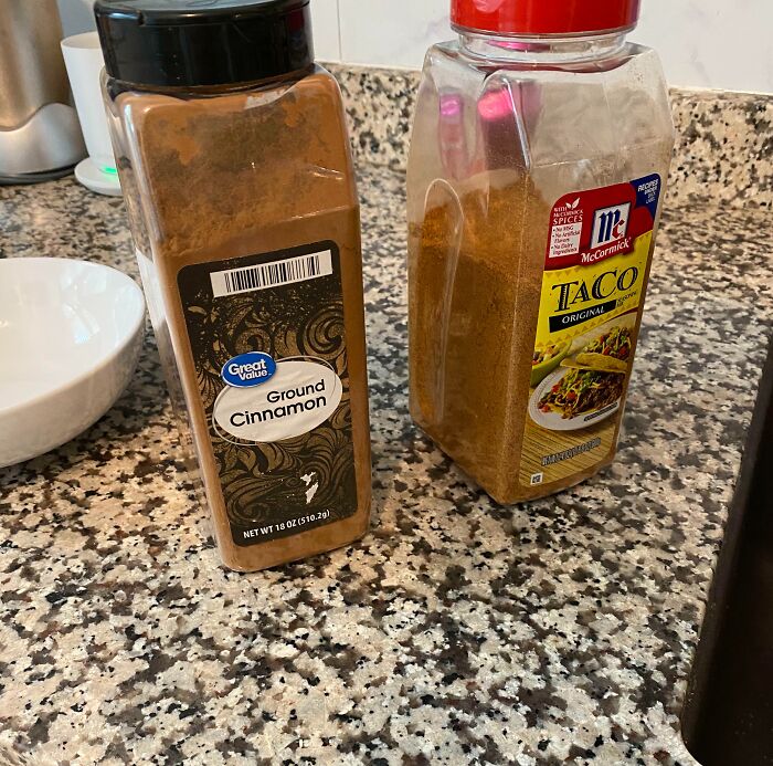 Ground cinnamon and taco seasoning containers mixed up on kitchen counter fail