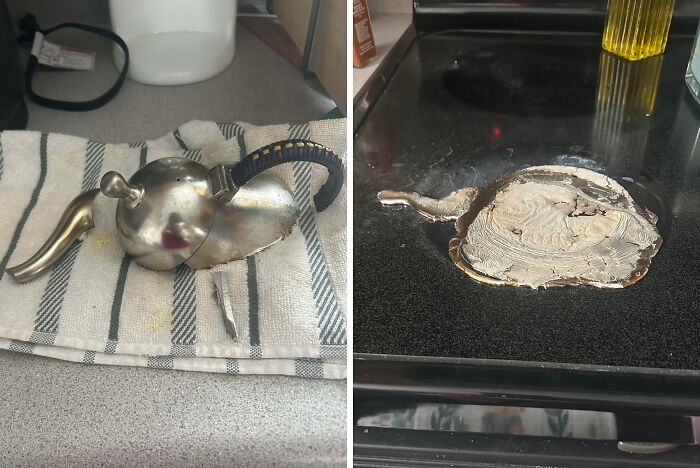 Burned kettle melted on stove surface kitchen fail