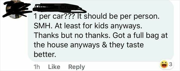 Comment complaining about snack portion limits for kids