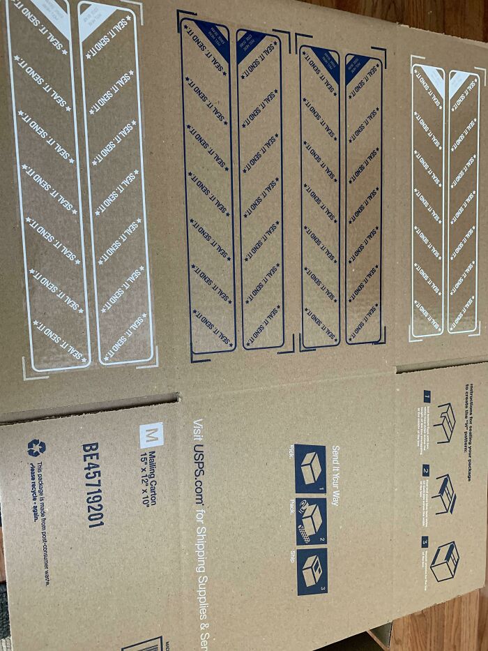 Innovative smart people improved USPS mailing carton with self-seal strips
