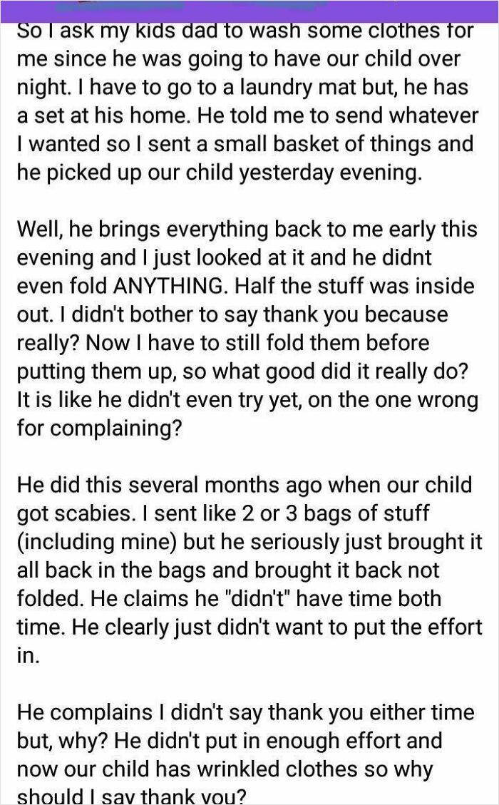 Complaint about laundry not properly folded by kids dad