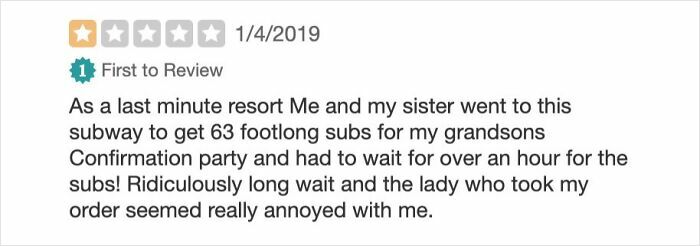 Angry review about long wait at Subway for footlong subs at confirmation party