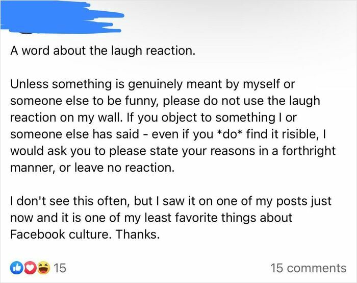 Facebook post demanding no laugh reactions unless content is genuinely funny