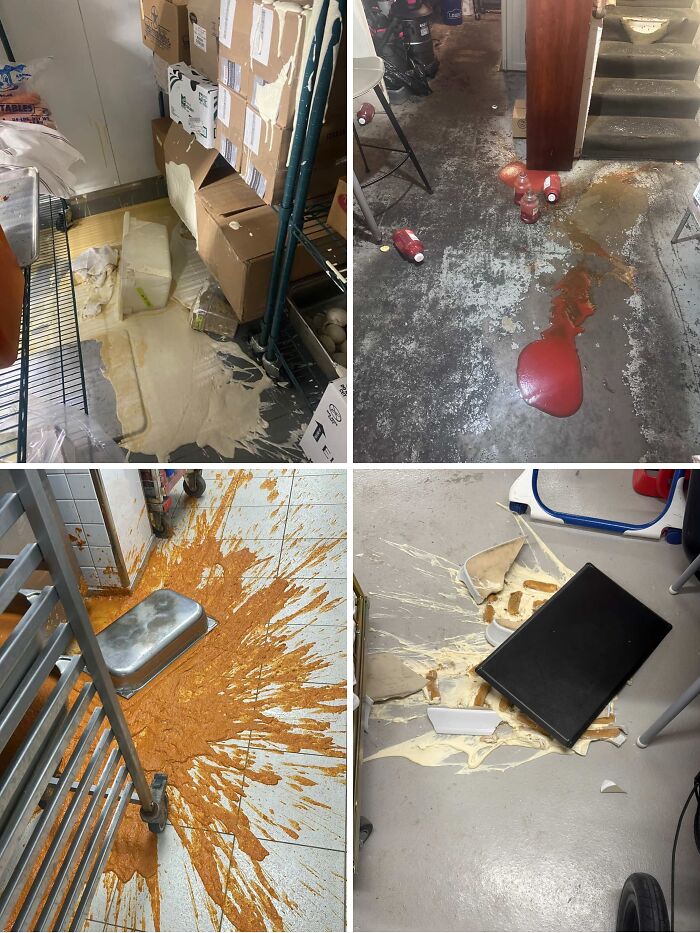 Multiple kitchen spills and broken items causing mess and damage