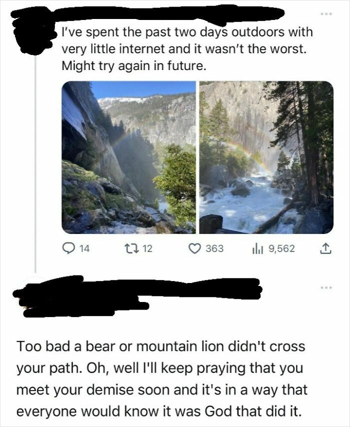 Social media post about outdoors trip met with a hostile comment wishing demise